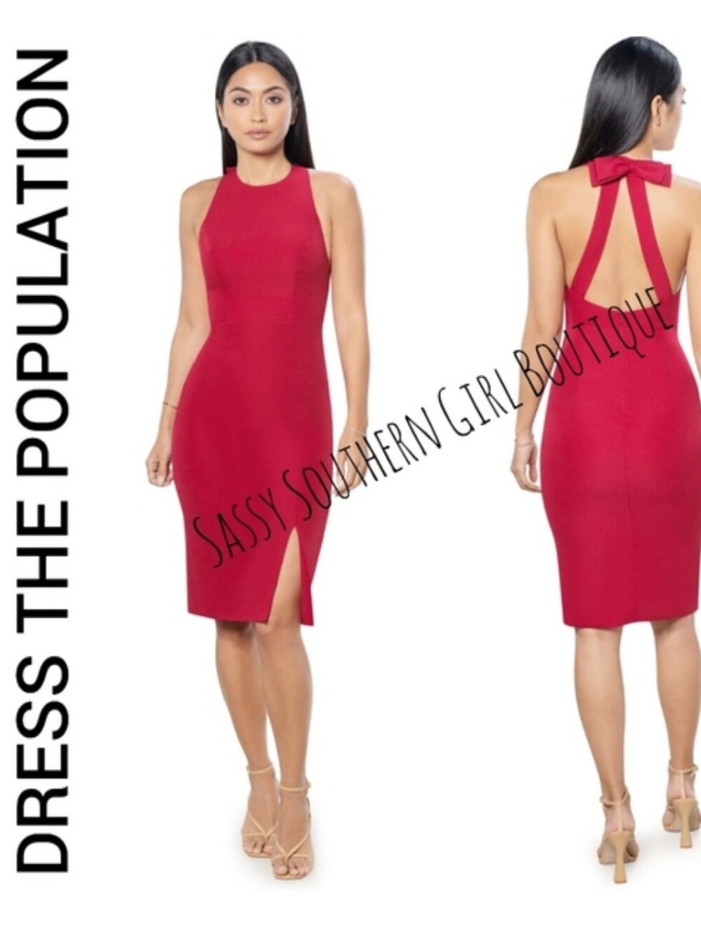 🆕🎂 DRESS THE POPULATION garnet red bow midi dress